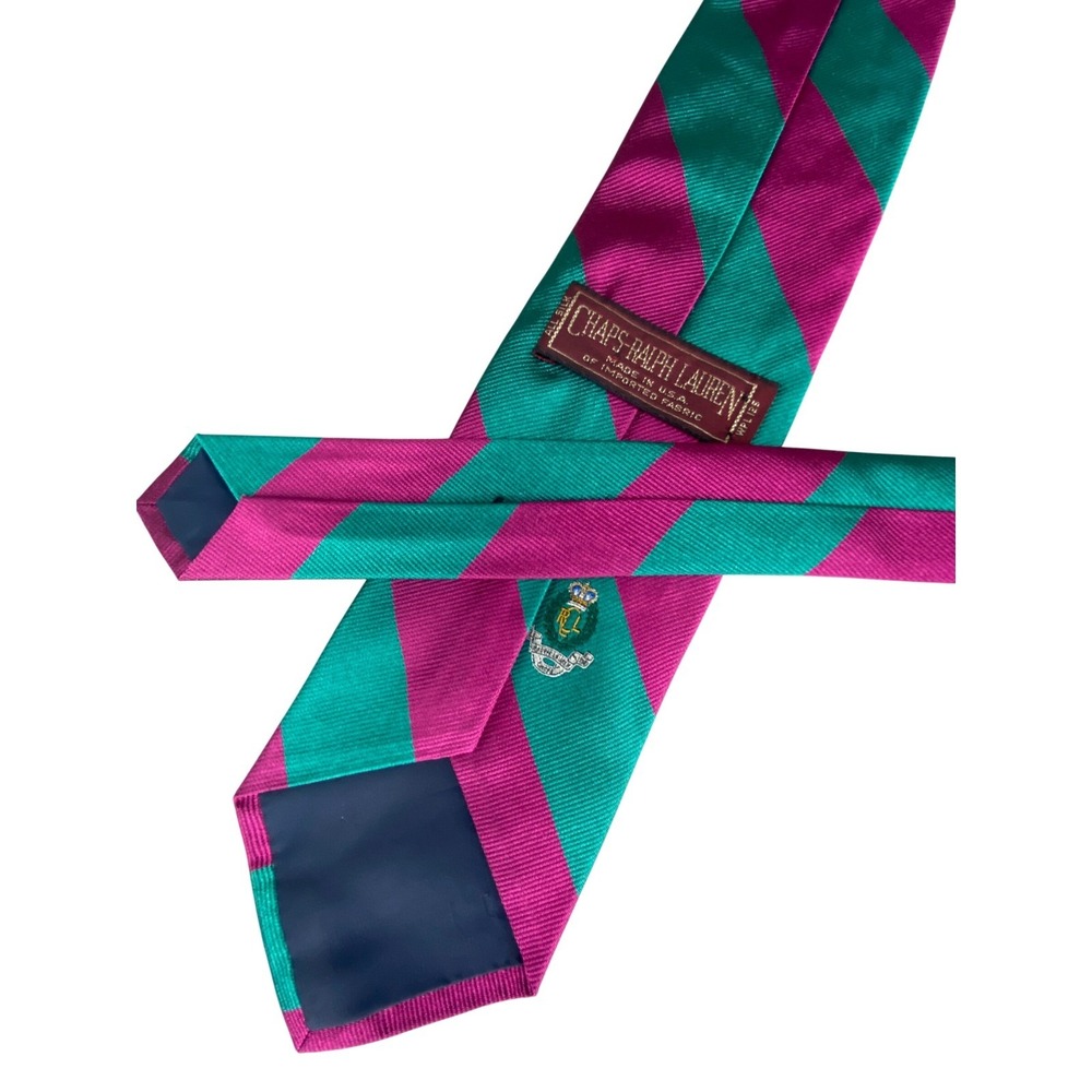 VTG Chaps Ralph Lauren Silk Tie Mens Magenta Green Striped Repp Crest 55.5x3.25
